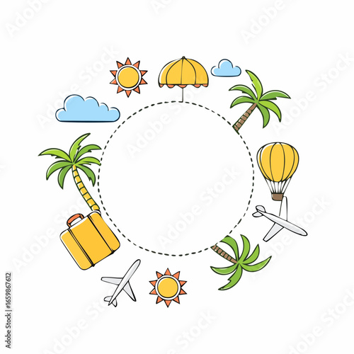 Travel and Vacation Concept A Round Frame with Travel Icons, Ready for Your Text or Design Element