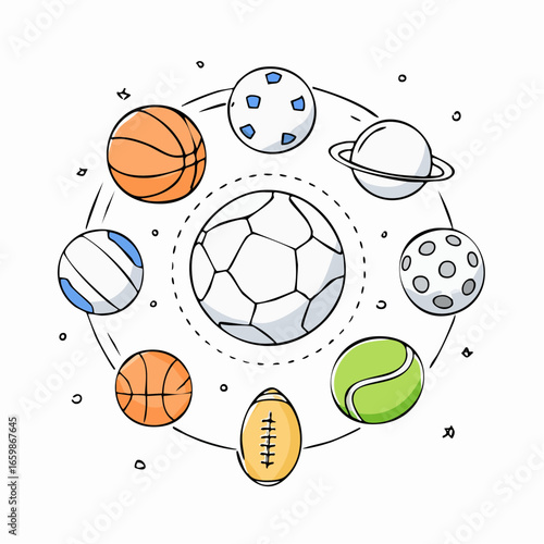 Creative sports universe concept showing various game balls orbiting a central soccer ball, hand-drawn doodle illustration on a white background.