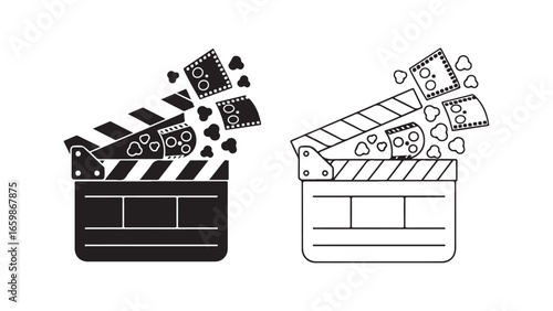 Film clapperboard with film strips and hearts