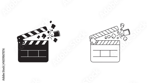 Film clapperboard with film reel and confetti