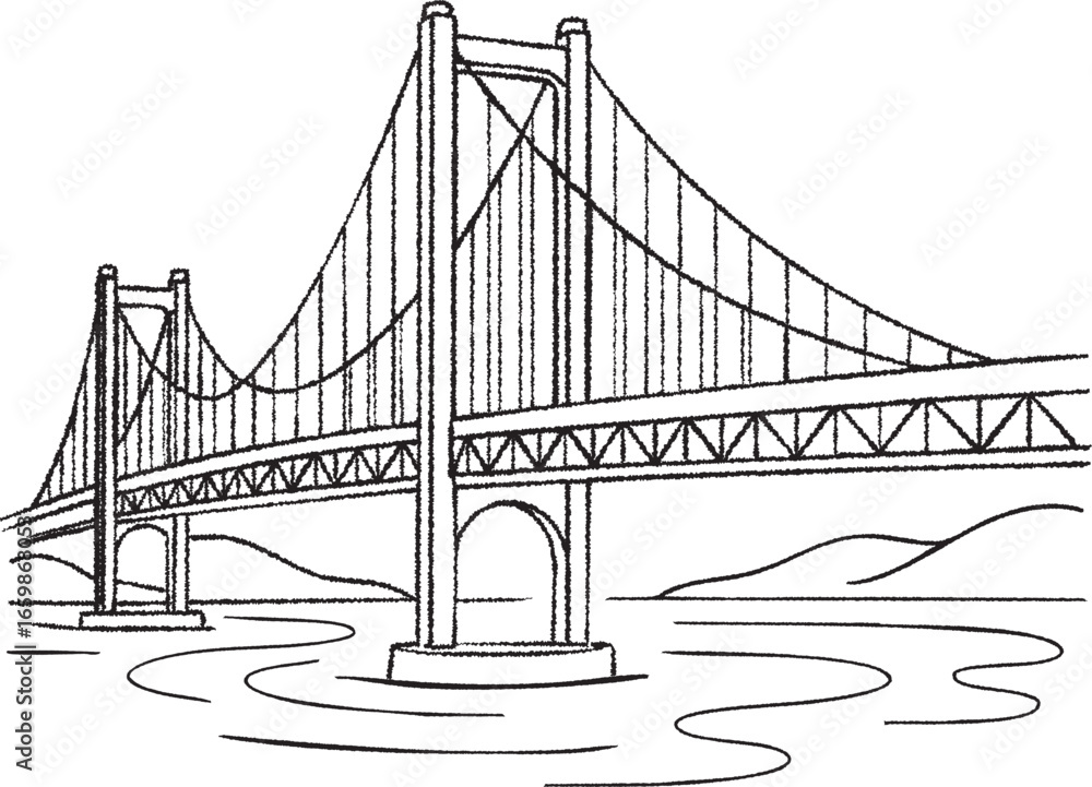 Fototapeta premium Suspension bridge line drawing over river with towers and cables