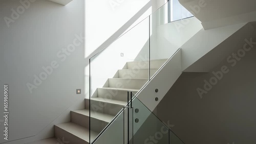 Sunlight casts moving shadows across a modern minimalist white staircase with a glass balustrade in a contemporary home interior time lapse