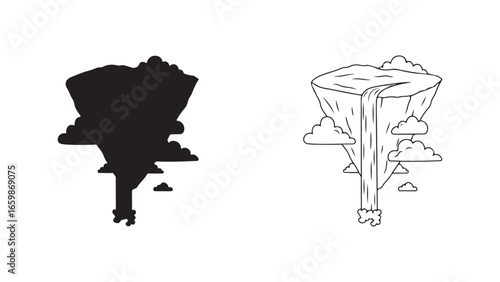 Floating island with waterfall and clouds with transparent background