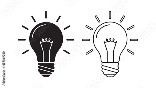 Light bulb idea icons black and white with transparent background