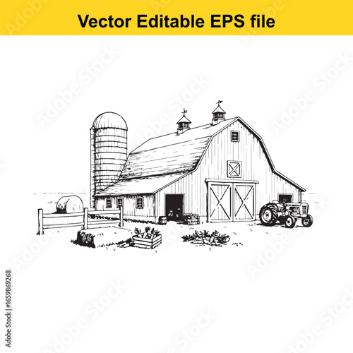 Handdrawn sketch of a farm barn with silo, tractor, and crops in a rural setting
