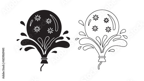Floral fountain outline and filled design with transparent background