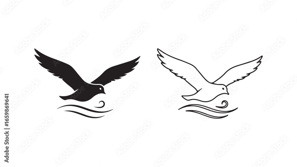 Obraz premium Flying bird over water outline style with transparent background