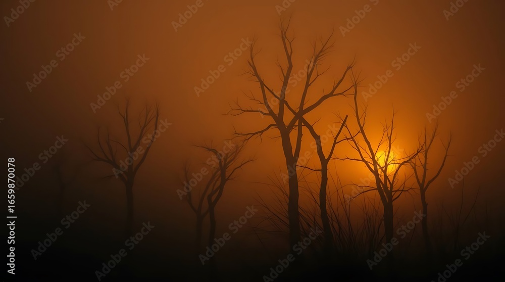 Obraz premium Spooky Sunset Bare Trees Silhouetted Against an Orange Sky, Atmospheric and Mysterious