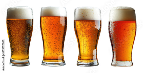 Four tall glasses filled with refreshing beer showcasing effervescence and frothy tops transparent background