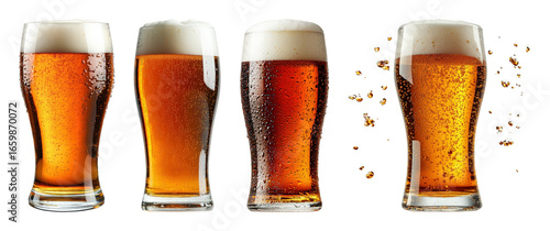 Four tall glasses of amber beer with frothy heads and condensation beverage transparent background