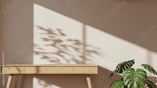 Time lapse of plant shadows moving across a sunlit wall in a minimalist room with a wooden desk and Monstera creating a serene ambiance