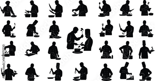 A diverse collection of chef silhouettes, actively engaged in various cooking and food preparation tasks in a professional kitchen setting.