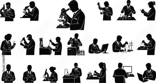 A diverse set of scientist silhouettes, working diligently in a modern laboratory setting, conducting various research experiments and data analysis.