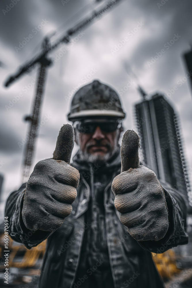 Fototapeta premium Construction worker gives thumbs up at a building site, symbolizing success and reliability. Good job.