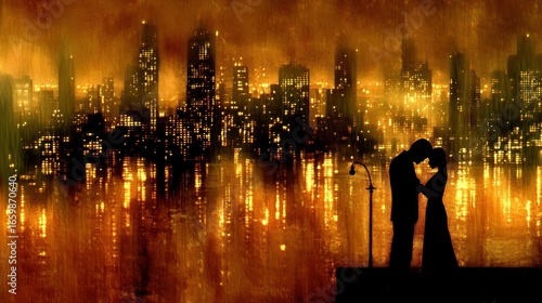 Romantic evening silhouette in a stylized city backdrop with golden reflections and a solitary