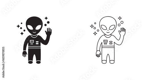 Friendly alien waving with transparent background