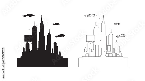 Futuristic cityscape with flying vehicles
