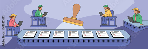 A conveyor belt with checklists and a stamp with workers using laptops in a cartoon style illustration