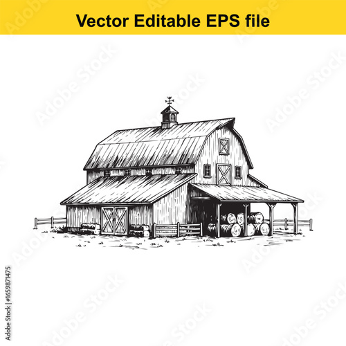 Detailed sketch of a country barn with a sheltered area and fence, isolated on white background