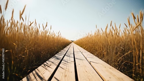 A serene forward journey along a wooden boardwalk path through a sunlit golden wheat field under a clear blue sky suggesting growth and nature