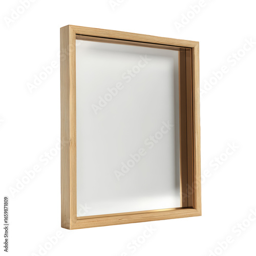 Square wood frame with white background, slightly angled, on black backdrop