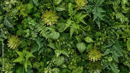 Lush green wall background with diverse foliage including succulents ferns and moss providing a rich natural and organic texture