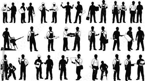 Silhouette construction and engineering workers in various poses, holding tools, blueprints, equipment, discussing plans, teamwork, industrial labor illustration concept