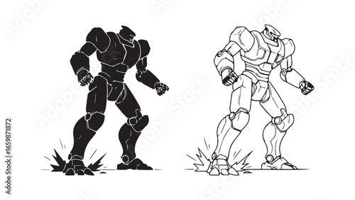 Robot character outline sketch with transparent background