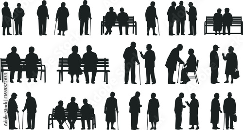 Silhouette elderly people in various poses, walking with canes, sitting on benches, standing, talking, social interaction, senior lifestyle concept
