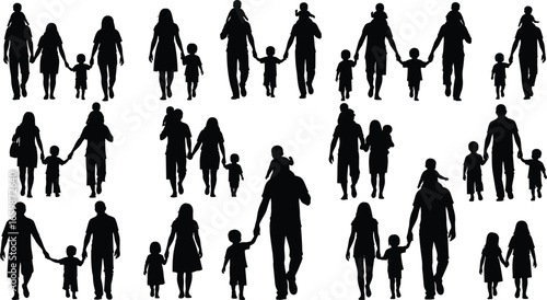 Silhouette families holding hands, adults and children together in various poses, walking, standing, parent‑child bond, family relationship concept illustration