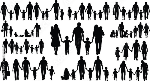 Silhouette families in various poses, adults and children holding hands, walking, standing, sitting together, family bond, relationship concept illustration