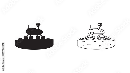 Mars rover on rocky terrain outline and silhouette
