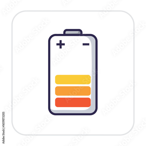 Battery cartoon icon showing low charge with yellow to orange gradient illustrating energy depletion for mobile app design and ui element.