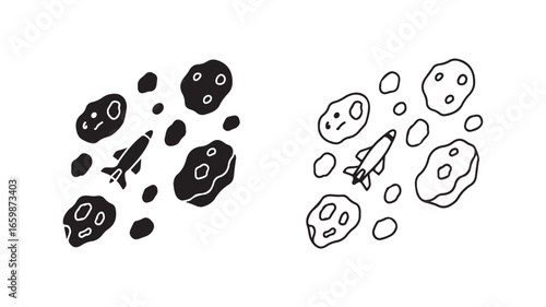 Rocket ship flying through asteroid field