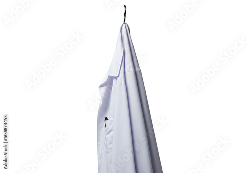 Crisp white lab coat hanging ready for a medical professional's day, symbolizing dedication, expertise, and the commitment to healthcare, science and research, with a pen in the pocket
