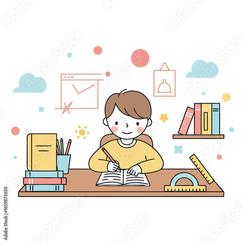 Boy studying at desk writing in a notebook during homeschool session surrounded by books and school supplies ideal for education and learning themes.