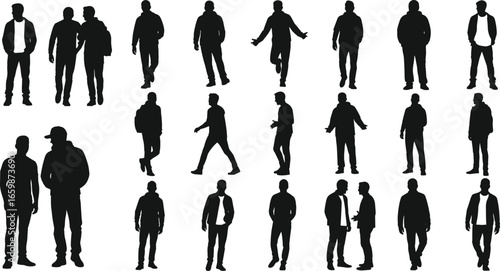 Silhouette people in various poses, standing, walking, gesturing, alone and in pairs, casual interaction, social connection, body language illustration