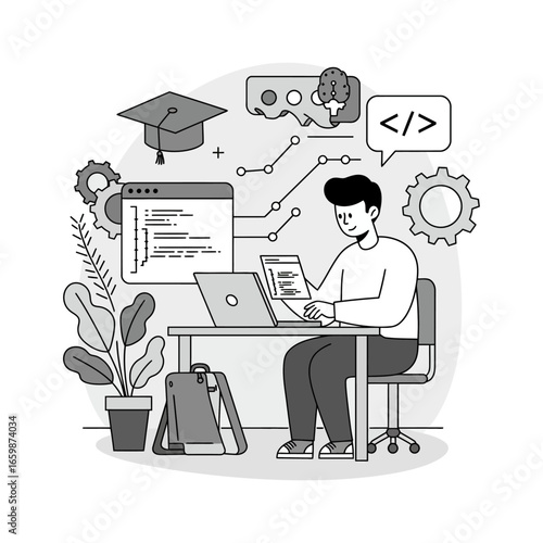 coding education student learning to code on a laptop at desk connected to a network highlighting digital skills and career preparation ideal for online education platforms.