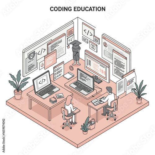 coding education illustration students learning to code attending class in a modern tech-savvy classroom conceptual illustration for online courses and future skills.