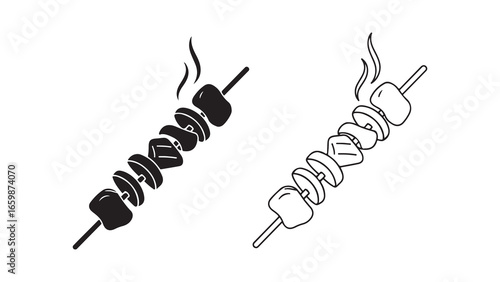 Grilled kebab skewers with smoke, outline style