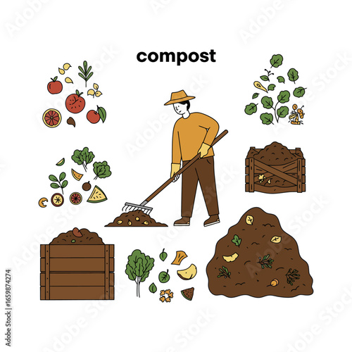 composting process farmer using a rake to turn compost in a backyard garden promoting sustainable waste management and healthy soil for organic gardening.