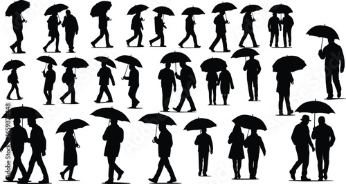 Silhouette people walking with umbrellas in various poses, diverse angles, pairs and individuals, urban rain scene, human movement and interaction\