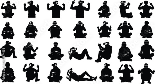 Silhouette people wearing virtual reality headsets, interacting in various poses, sitting, standing, gesturing, using controllers, immersive VR gaming experience