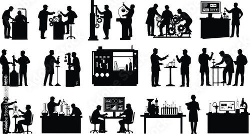 Silhouette scientists working in modern laboratory, research team conducting experiments, analyzing data, using microscopes, beakers, test tubes, scientific collaboration concept