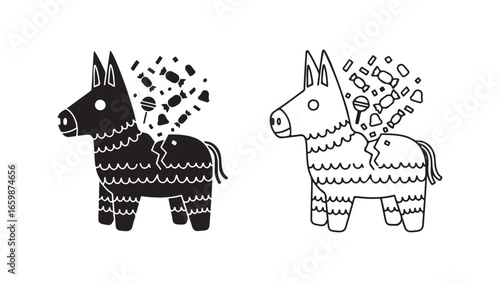 Mexican donkey piñata outline and filled versions