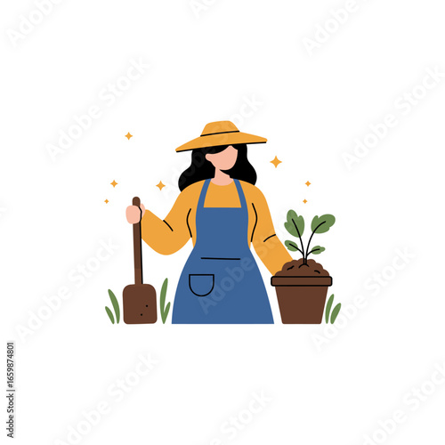 Gardener planting a seedling in a pot a woman in an apron working with a shovel in her garden representing organic farming sustainable living and horticulture.