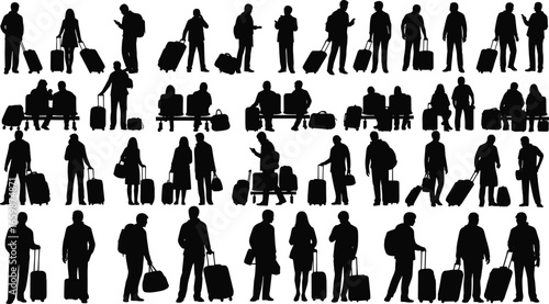 Silhouette travelers with luggage in various poses, standing, walking, sitting, carrying suitcases and handbags, airport travel, tourism concept illustration