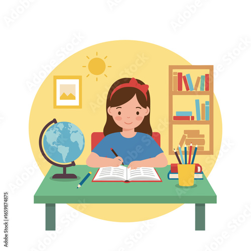 girl studying at home learning at her desk with a globe and books in a bright yellow room suitable for education and lifestyle content