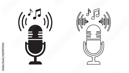Microphone icon with music notes and sound waves