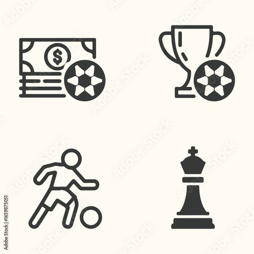 A comprehensive vector icon set for soccer and football with symbols of the game, including a ball, cup, goal, and championship flags